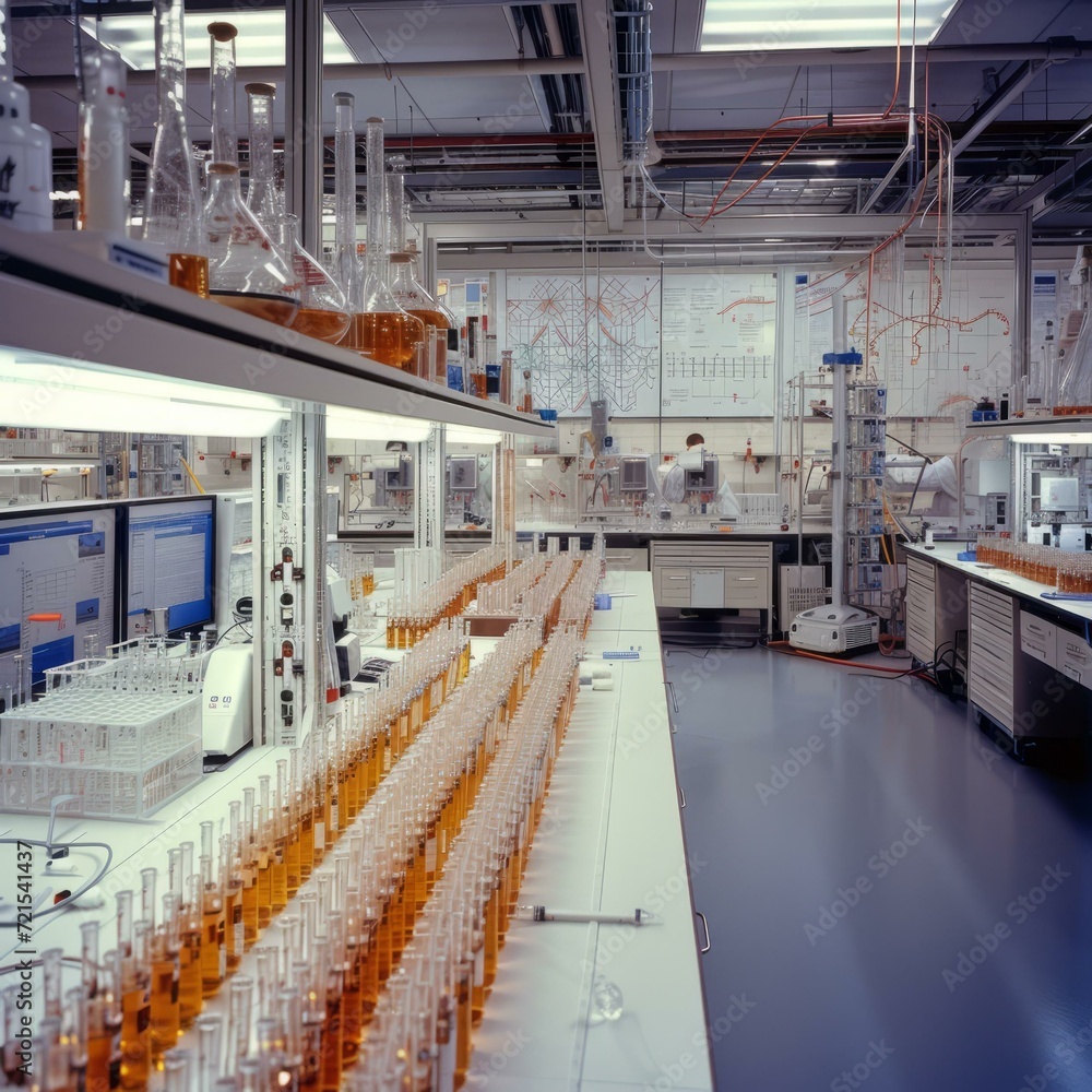 Scientists working in a modern laboratory with many test tubes