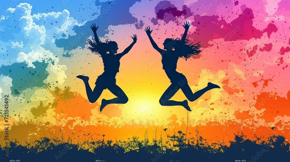 Two young women jumping for joy in front of a setting sun