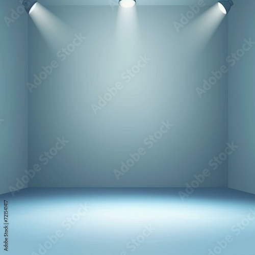 Blue empty room with three spotlights