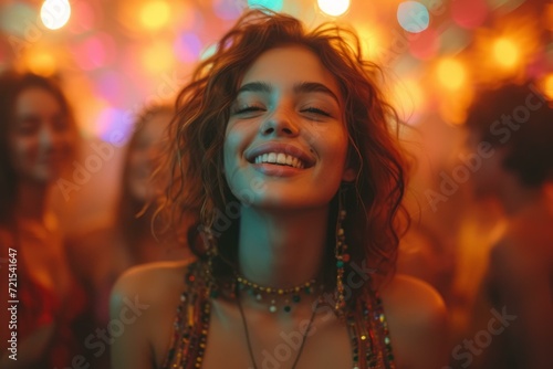 Portrait of a smiling young woman with curly hair at a party
