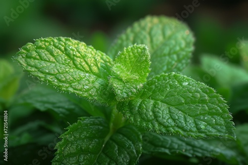 Close-up of fresh green mint leaves with water drops
