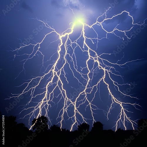 A forked lightning bolt strikes the ground during a thunderstorm