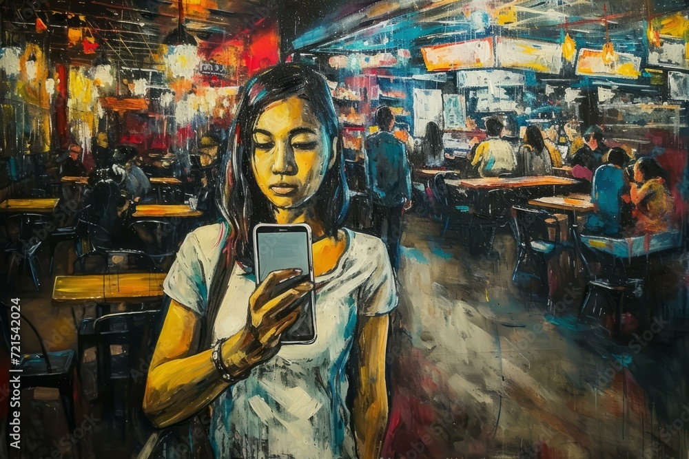 Obraz premium A woman looking at her phone in a crowded restaurant