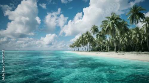 The beach is full of coconut trees and the water is crystal clear