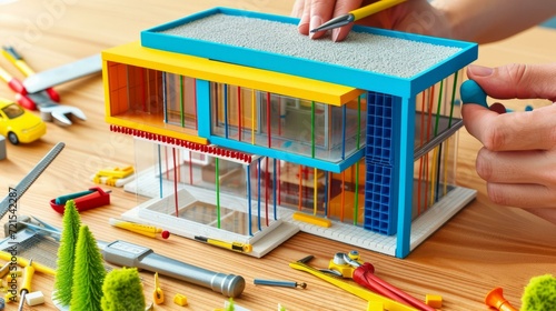 A person is building a colorful and modern miniature house with a blue roof using tweezers and a stick photo