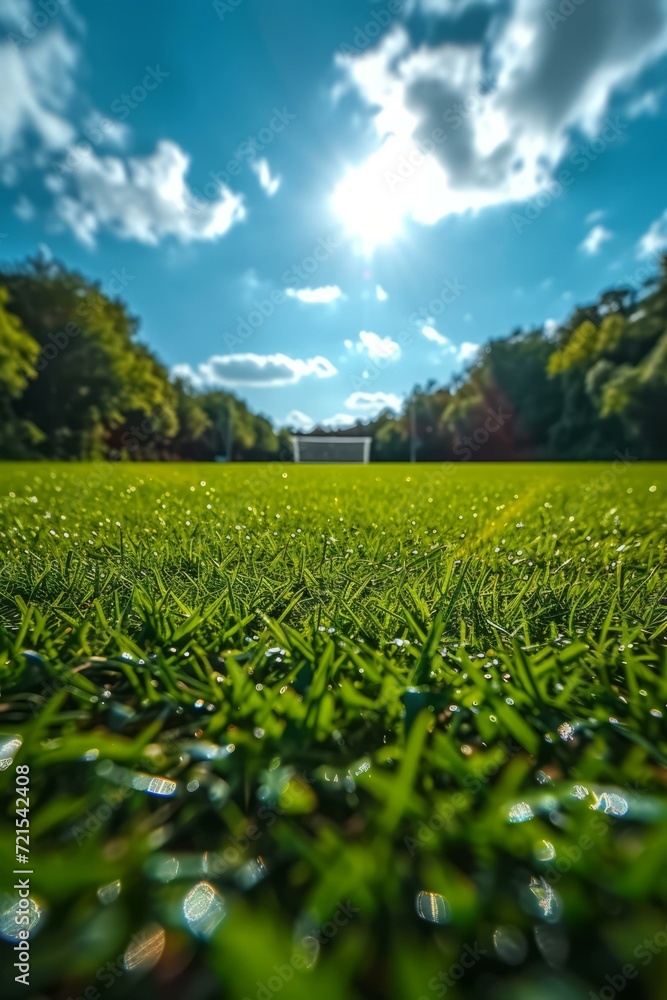 Green grass field with white soccer goal and blue sky