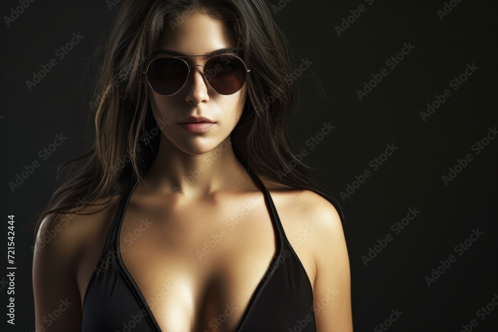 A beautiful woman in a black bikini and sunglasses