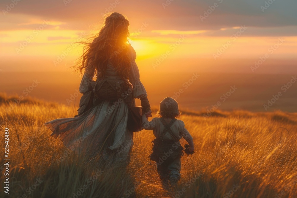 Mother and child holding hands in a field of tall grass at sunset