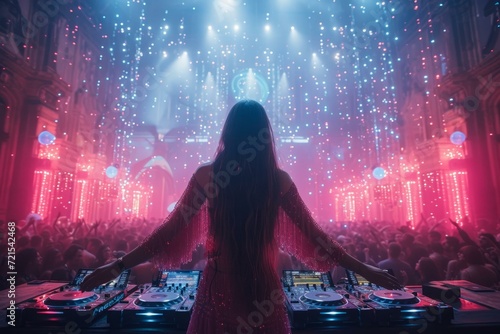 Female DJ at the Turntable in a Nightclub Playing Electronic Dance Music