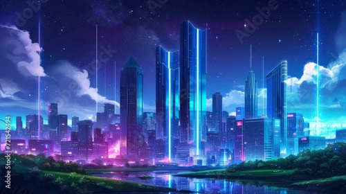 A digital painting of a futuristic city at night with skyscrapers, neon lights, and a river in the foreground.