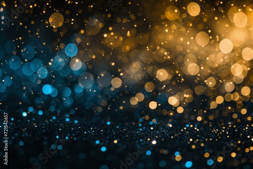 Blue and gold glitter texture with shiny lights. Defocused blue and gold lights background.