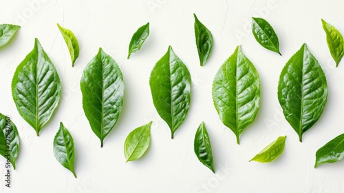 Fresh green tea leaves on white background photo
