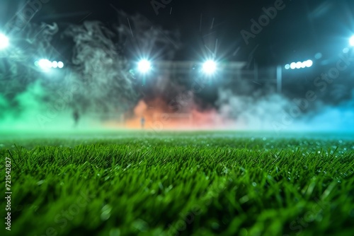 Night Football Stadium with Green Grass Field and Bright Spotlights