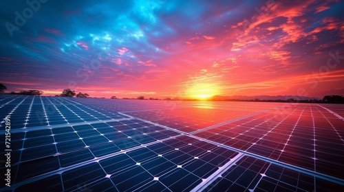 Solar panels field at sunset with vibrant red and blue sky