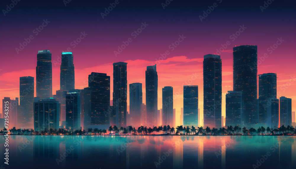 Fototapeta premium Serene Dusk Skyline Silhouette, Miami like Urban Cityscape, illustration