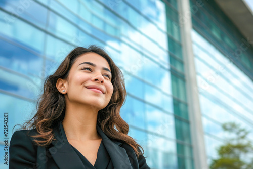 Happy young bussines woman standing outside modern office building Free Download Happy young bussines woman standing outside modern office building - GFXLoad