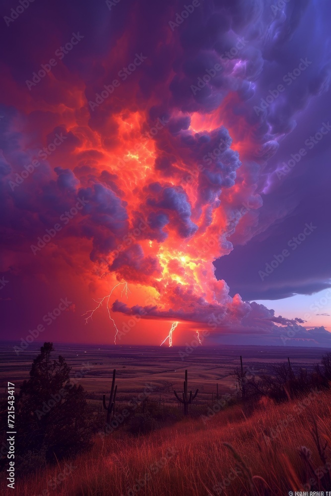 Huge purple orange storm clouds with lightning bolts over a desert landscape