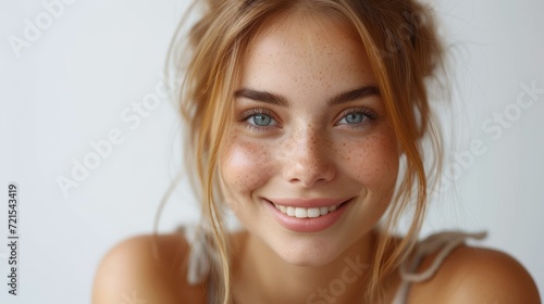 Portrait of a young beautiful smiling woman with freckles on her face