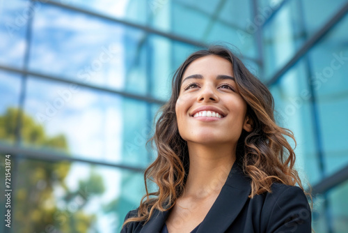 Free Download Happy young bussines woman standing outside modern office building - GFXLoad