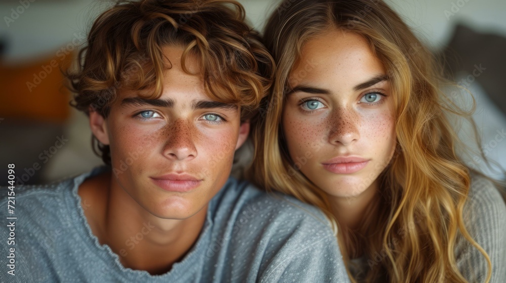Portrait of a young man and woman with freckles and blue eyes Portrait of a young man and woman with freckles and blue eyes