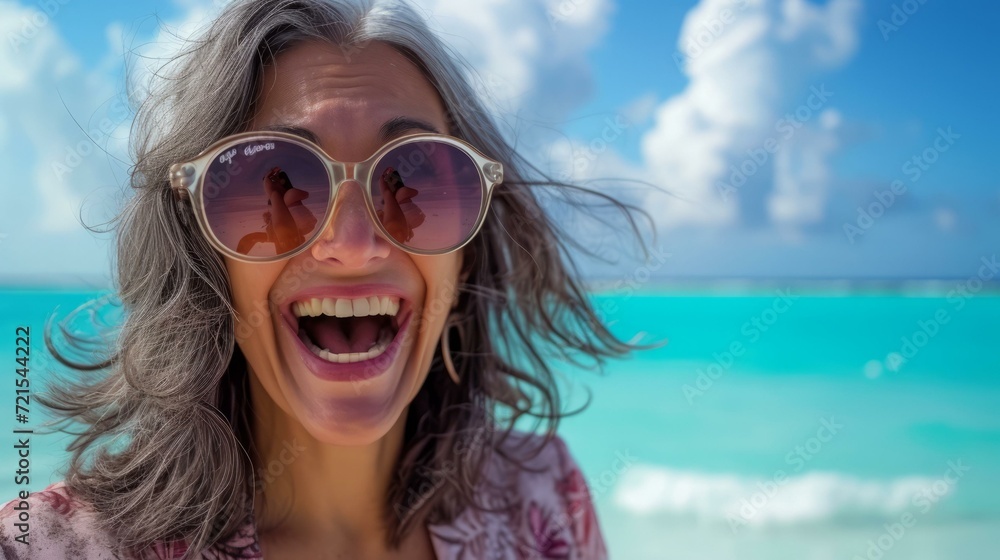 A woman with gray hair and sunglasses is smiling in front of the beach