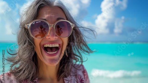 A woman with gray hair and sunglasses is smiling in front of the beach photo