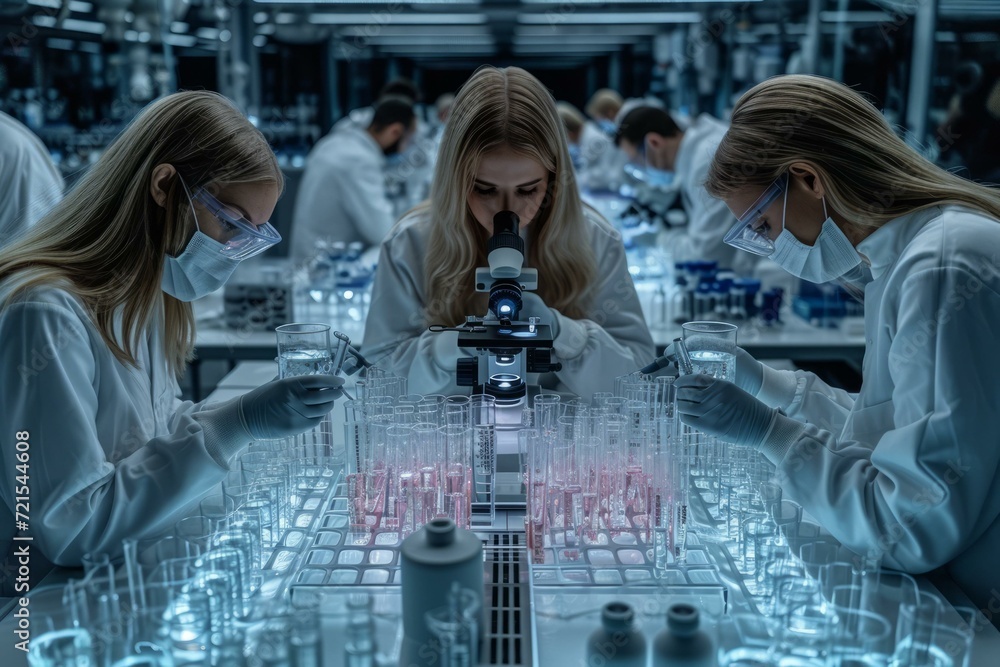 Three female scientists in a lab wearing lab coats and safety goggles ...