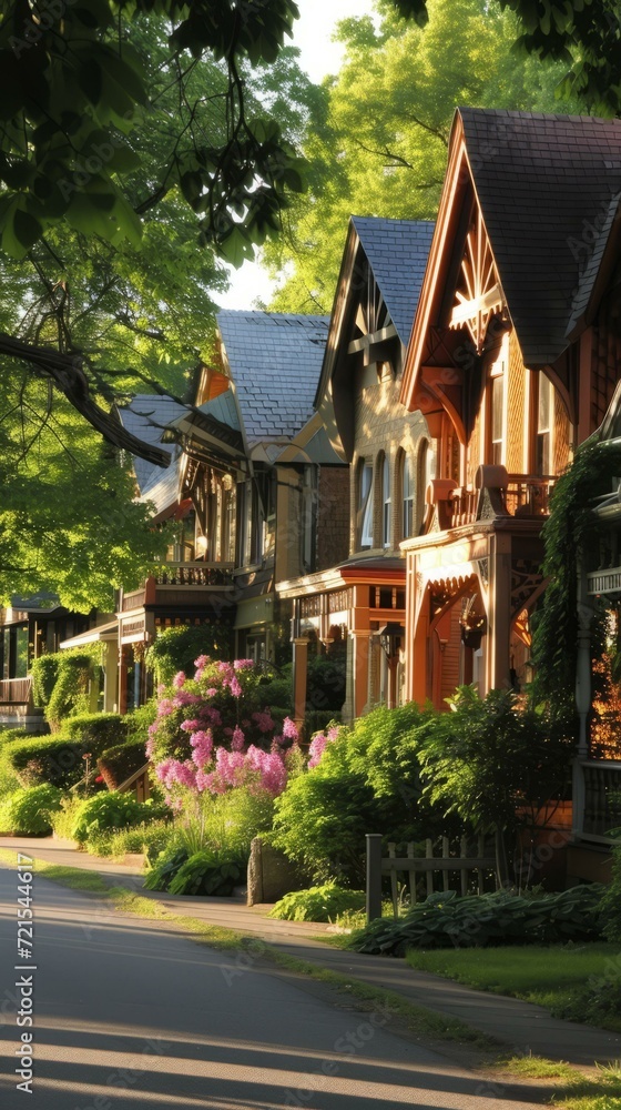 Colorful Victorian style homes in a row with lush green landscaping