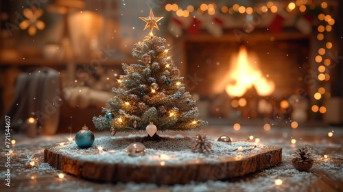 A small decorated Christmas tree sits on a wooden table in front of a fireplace.