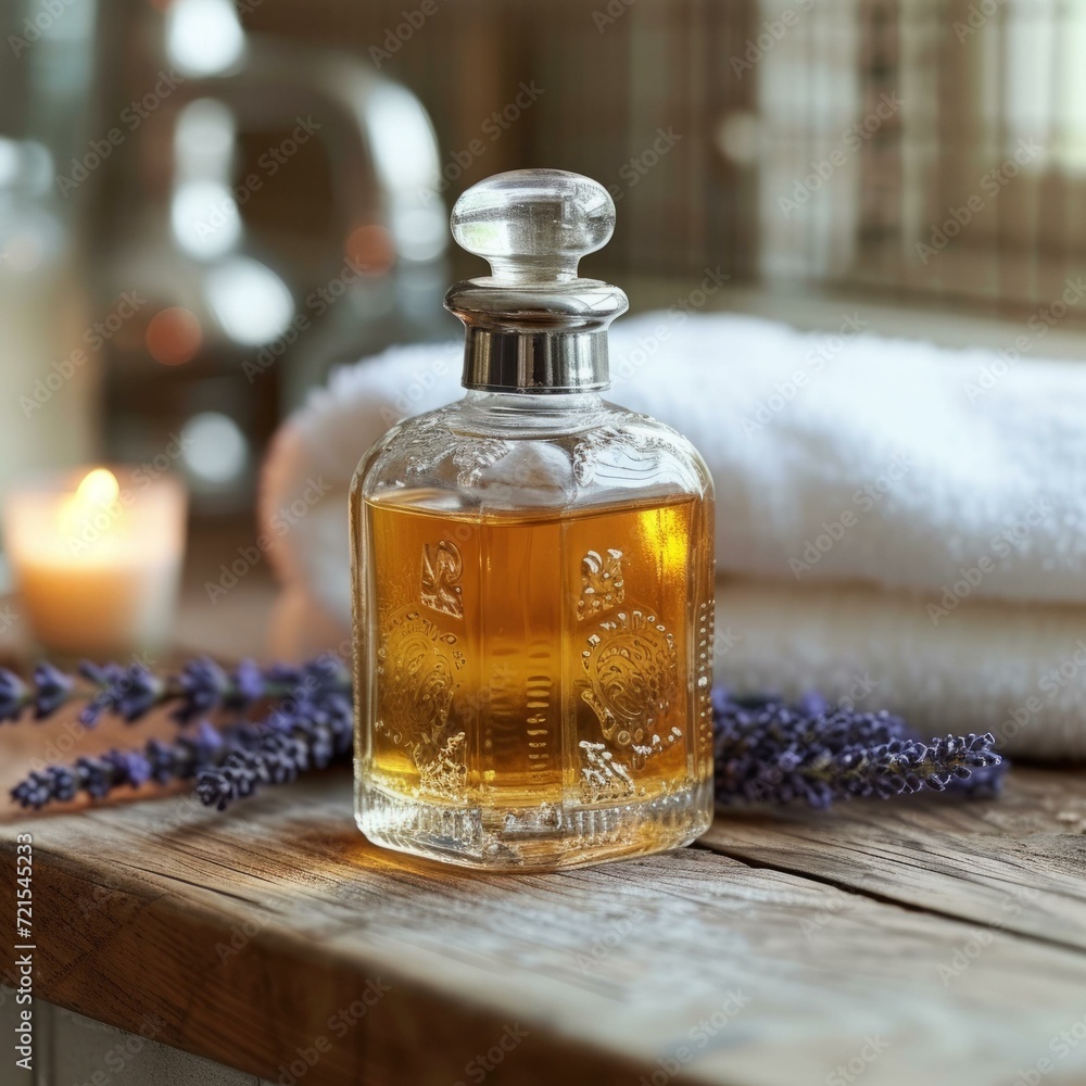 Aromatherapy with lavender essential oil and flowers