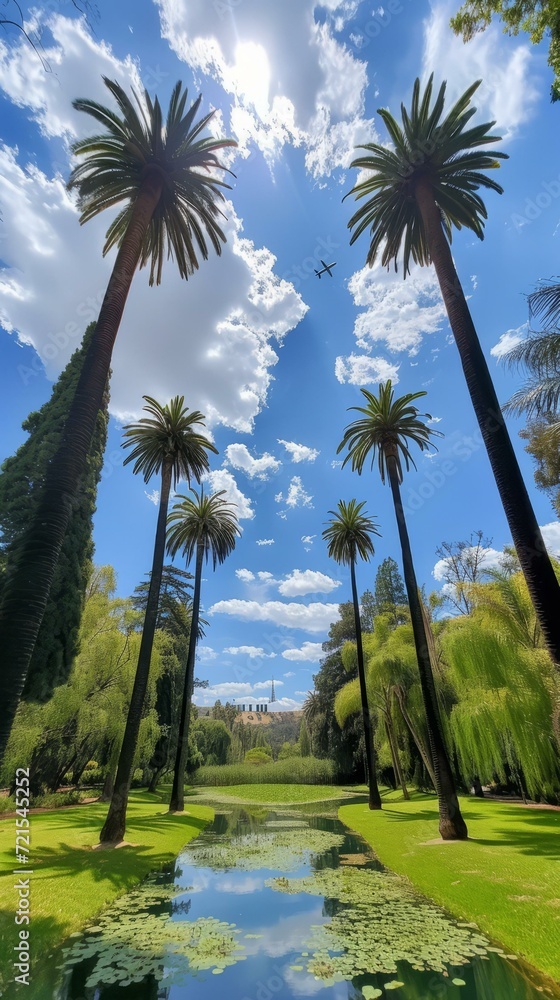 Palm trees in a park with a pond and a clear blue sky
