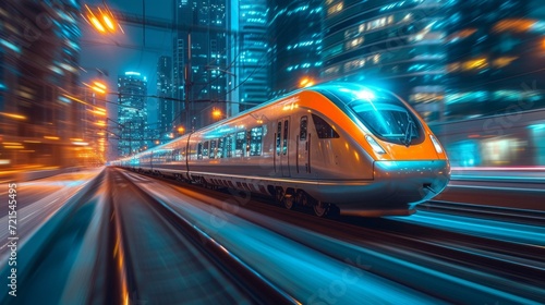 A high-speed train travels through a modern city at night