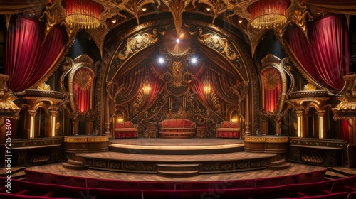 Ornate theater stage with red velvet curtains and golden decorations