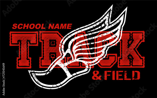 track and field team design with winged foot for school, college or league sports