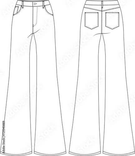 high mid rise waist wide leg denim jean five pocket pant trouser template technical drawing flat sketch cad mockup fashion woman design style model
