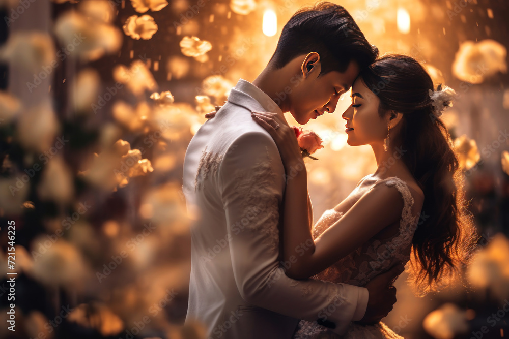 Young asian couple in love in wedding clothes Young asian couple in love in wedding clothes