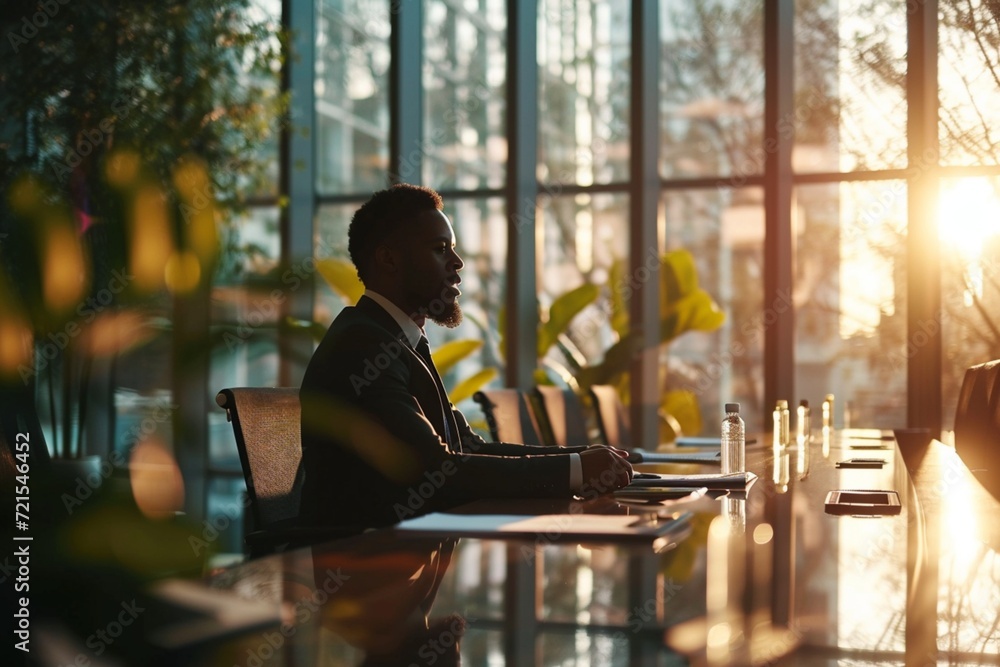 In a light-filled boardroom, a businessman mentors his team, providing guidance and encouragement amid a backdrop of contemporary office aesthetics.