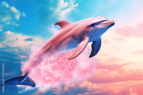 Beautiful dolphin on a sunset background with magical pink clouds