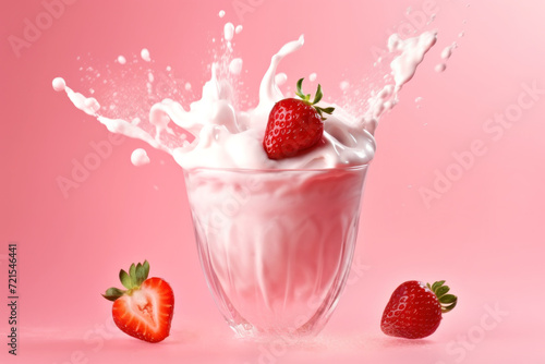 Flying juicy fresh strawberries and a splash of pink yogurt