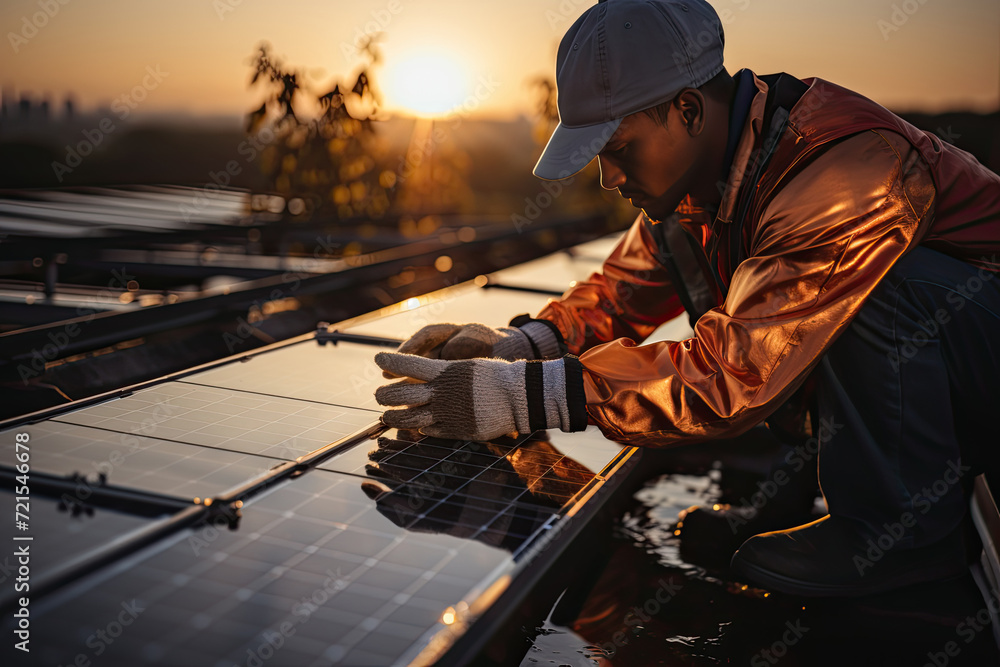 Harnessing the Suns Rays: A Skilled Artisan A man with expertise and precision works on installing a cutting-edge solar panel on a residential rooftop. Harnessing the Suns Rays: A Skilled Artisan A man with expertise and precision works on installing a cutting-edge solar panel on a residential rooftop.