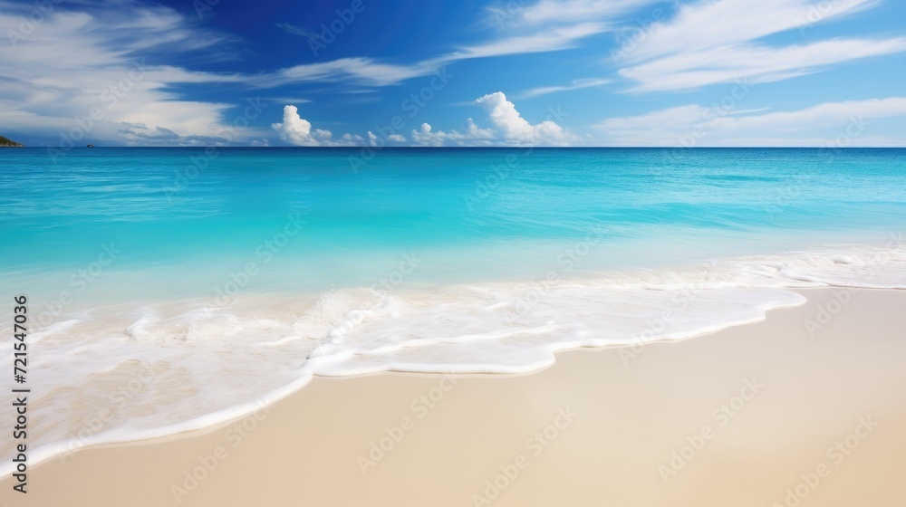 Beautiful tropical beach with white sand, turquoise water and blue sky. Generative AI