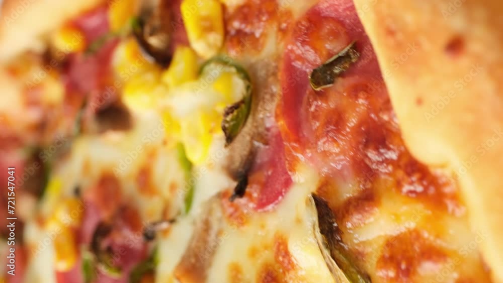 Medium mixed topping pizza in macro shot 360 degree shot on rotating table,vertical video
Medium mixed topping pizza in macro shot 360 degree shot on rotating table,vertical video