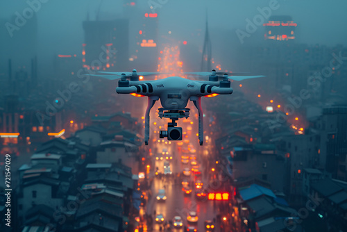 A surveilled bustling city with a surveillance drone capturing aerial footage. Created with generative AI.