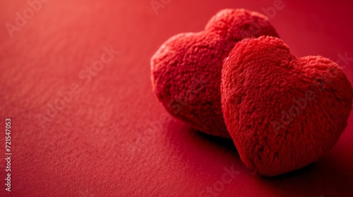 Two red plush hearts on a minimalistic red background with plenty of space for text