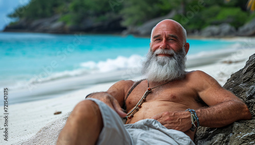 A bearded man rests peacefully on the sandy shore, his face relaxed and content as he takes a well-deserved break from everyday life on his beach vacation