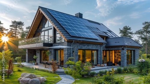 Modern English style house with solar panels on the roof
