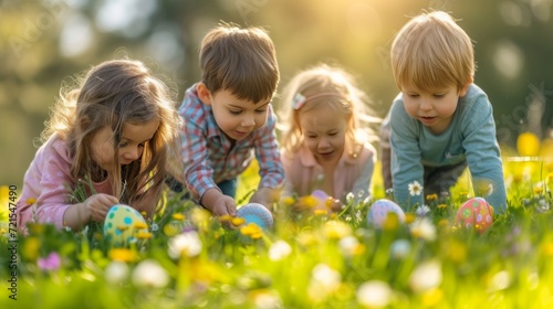 Cheerful children are looking for colorful Easter eggs in the bright green gr...