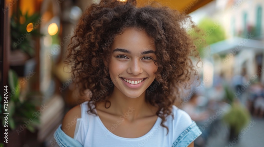 Obraz premium Beautiful curly girl in denim shorts and a white T-shirt smilingly looks at the camera against