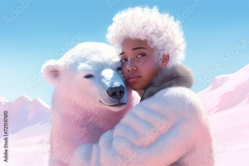 Futuristic portrait of attractive young African woman and polar bear. Charming dark-skinned girl with curly white hair in fur coat embraces wild animal. Generated by AI. © DP