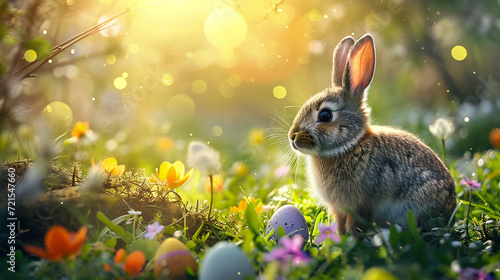 illustration of little bunny with colored easter eggs, colorful flowers and blurred background with copyspace © Truprint